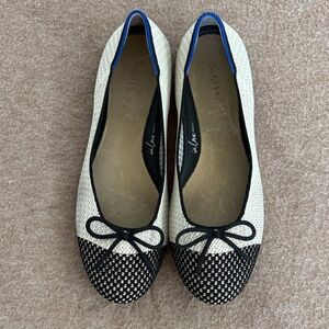 Rothy's Cream and Black Loafers with Blue Trim